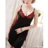 Black Chemise Side Slit Sleepwear with Red Floral Embroidery