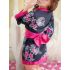 Black Japanese Kimono Robe With Pink Floral and Pink Liner Design